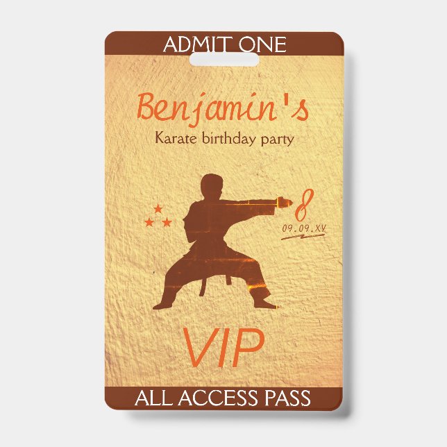 Modern Martial Arts Karate Birthday Party VIP Pass Badge (Front)