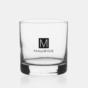 Modern masculine monogram black square whiskey glass