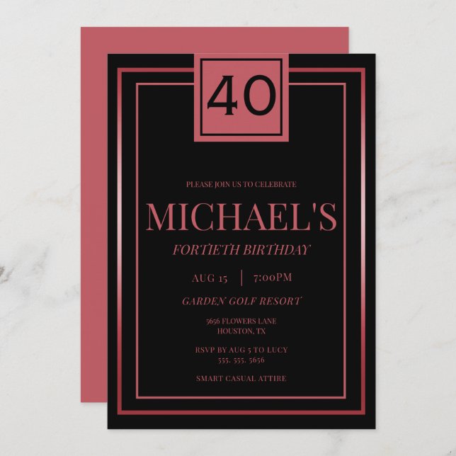 Modern Masculine Red & Black 40th Birthday Invitation (Front/Back)