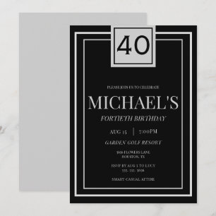Modern Masculine Silver & Black 40th Birthday Invitation