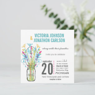 Modern Mason Jar Aqua Yellow Lime Pink Floral Invitation