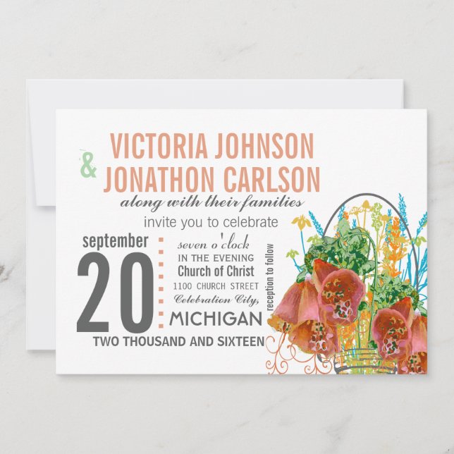 Modern Mason Jar Coral and Mint Floral Wedding Invitation (Front)