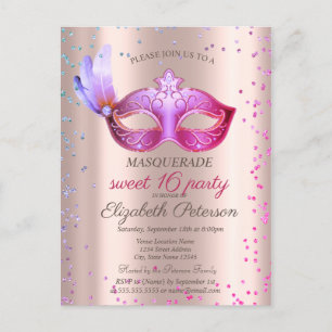  Modern Masque Diamonds Rose Gold Sweet 16  Invitation Postcard
