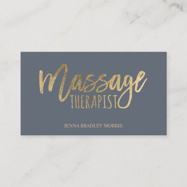 Modern massage therapist script blue gold foil business card (Front)