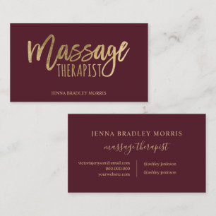 Modern massage therapist script chic gold foil business card