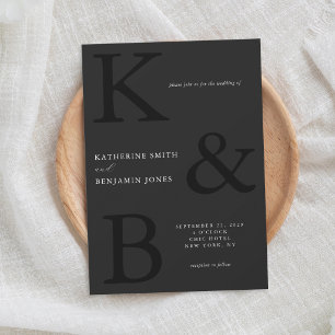 Modern Matte Black Monogram Minimalist Wedding Invitation