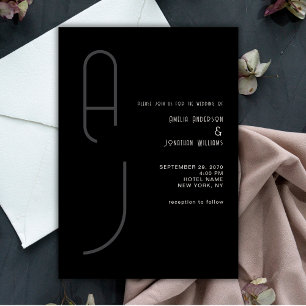 Modern Matte Monogram Minimal Wedding Black White Invitation