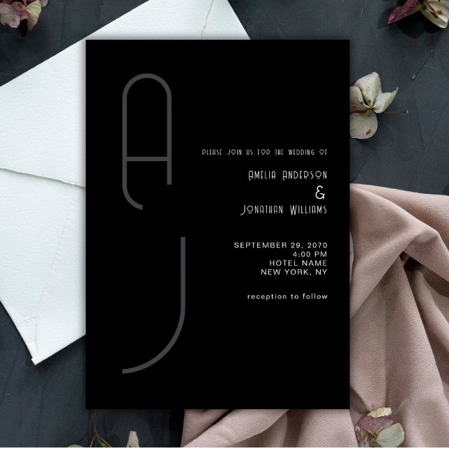 Modern Matte Monogram Minimal Wedding Black White  Invitation (Creator Uploaded)