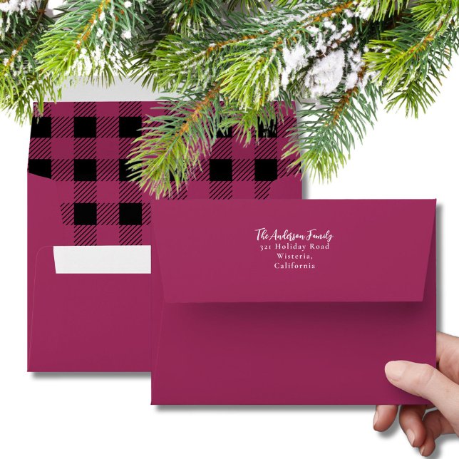 Modern Mauve & Black Christmas Buffalo Plaid Envelope (Creator Uploaded)
