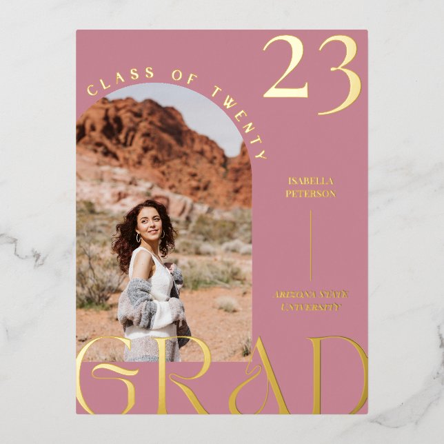 Modern Mauve Boho Chic Arch Frame Graduation Photo Foil Holiday Postcard (Front)