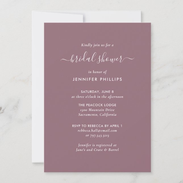 Modern Mauve Minimalist Script Bridal Shower Invitation (Front)