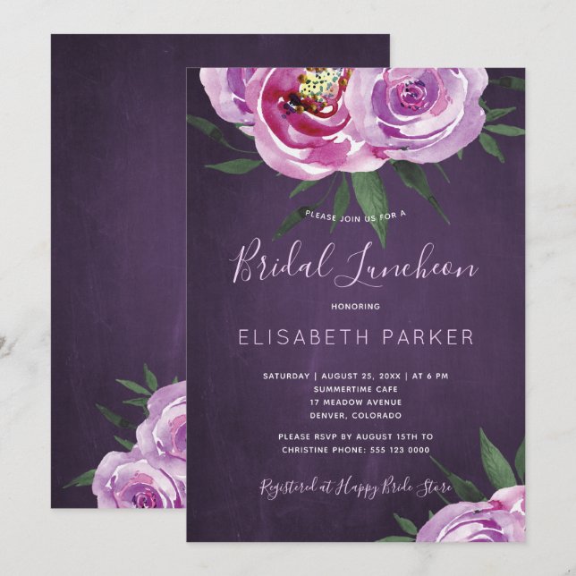 Modern mauve peonies purple plum bridal luncheon invitation (Front/Back)