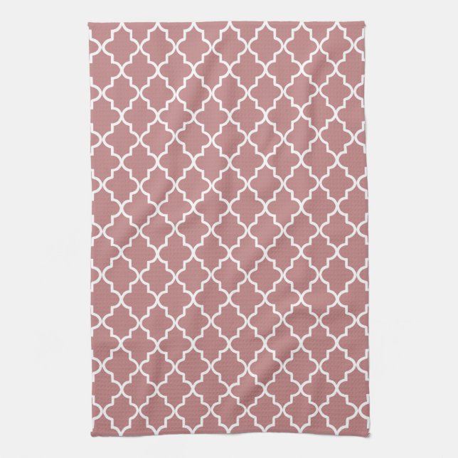Modern Mauve Pink and White Moroccan Quatrefoil Kitchen Towel (Vertical)