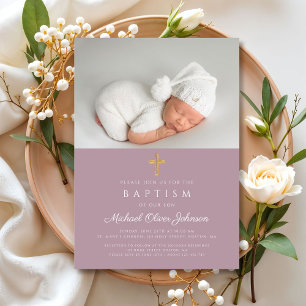 Modern Mauve Religious Cross Photo Baptism  Invitation