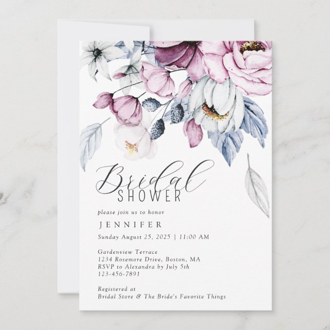 Modern Mauve Watercolor Floral Bridal Shower Invitation (Front)