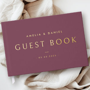 Modern mauve wedding names and date real foil guest book
