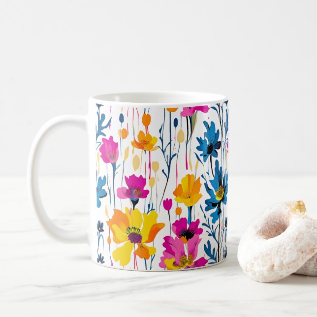 Modern Maximalist Colour Pop Ink Floral Art Coffee Mug (With Donut)