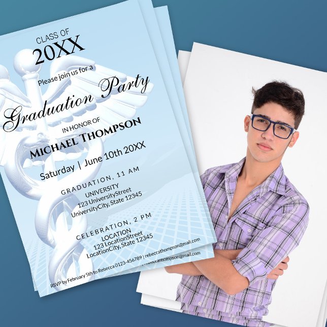 Modern Medical Caduceus Graduation | Photo Invitation (Creator Uploaded)