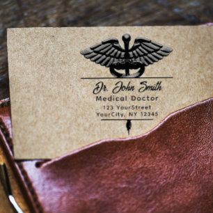 Modern Medical Caduceus Script Name Return Address Rubber Stamp