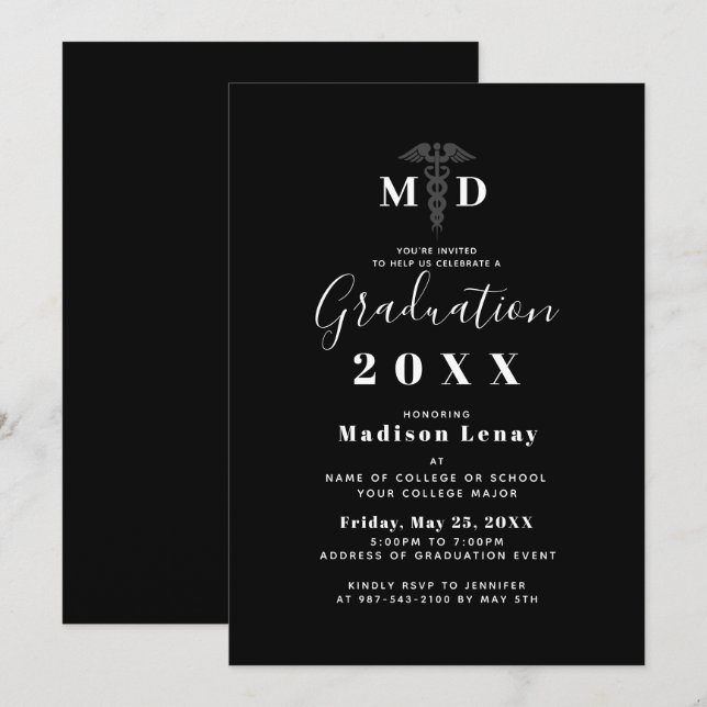 Modern Medical Doctor MD Black White Graduation Invitation (Front/Back)