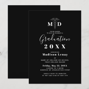 Modern Medical Doctor MD Black White Graduation Invitation
