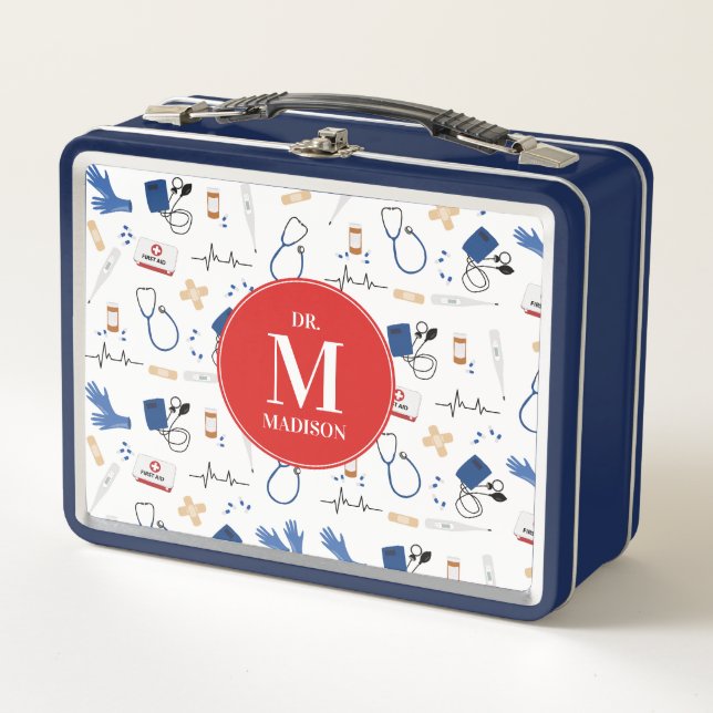 Modern Medical Doctor Nurse Pattern Monogram Metal Lunch Box (Front)