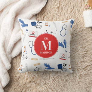 Modern Medical Doctor Nurse Pattern Monogram Throw Pillow