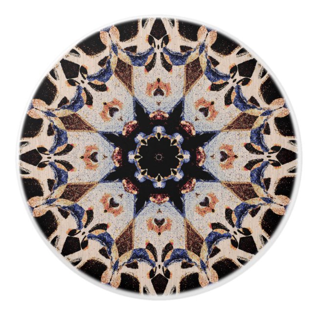 Modern Medieval Mandala Mosaic Tile Cream Blue Ceramic Knob (Front)