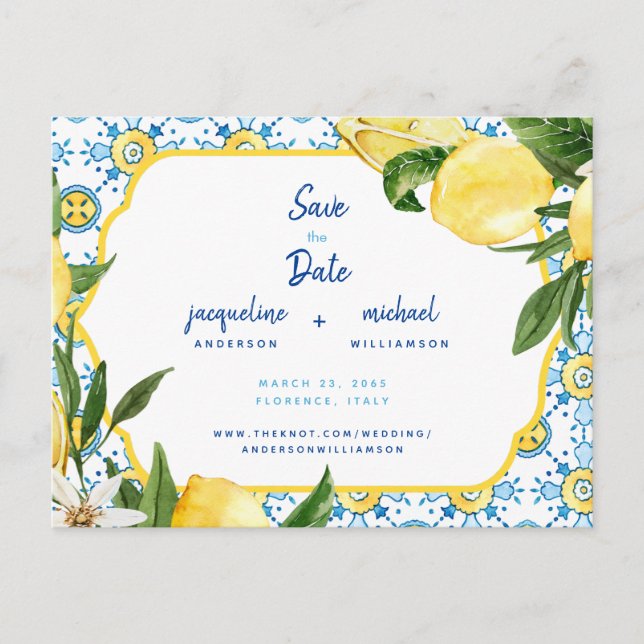 Modern Mediterranean Blue & Lemons Save the Date  Announcement Postcard (Front)
