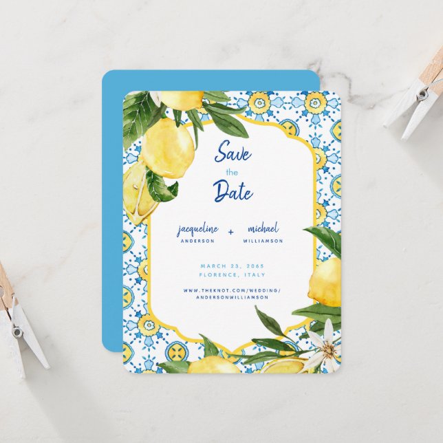 Modern Mediterranean Blue & Lemons Save the Date Invitation (Front/Back In Situ)