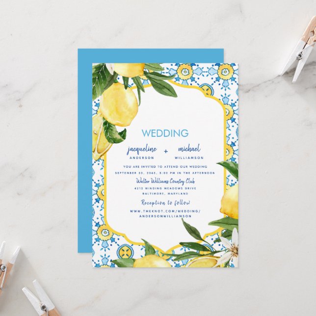 Modern Mediterranean Blue & Lemons Wedding Invitation (Front/Back In Situ)