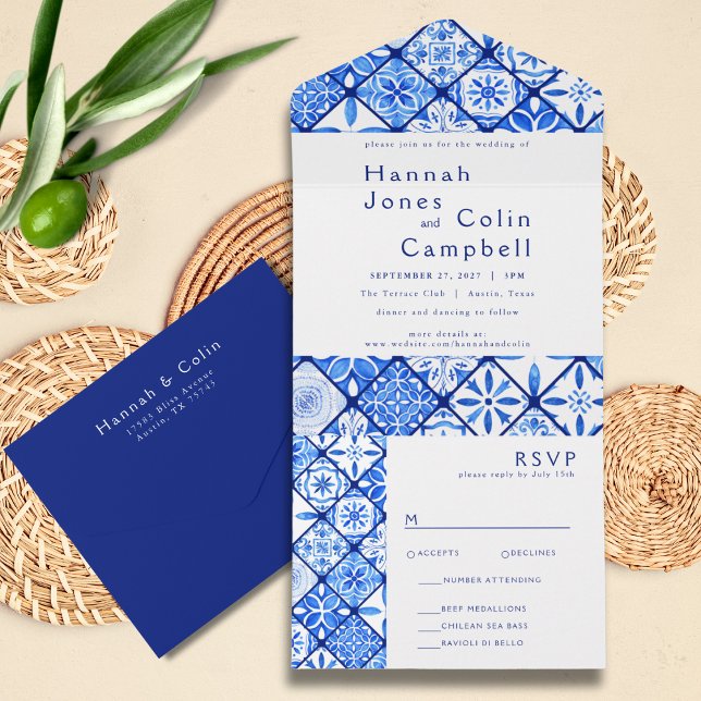 Modern Mediterranean Blue Tile Wedding All In One Invitation (Creator Uploaded)