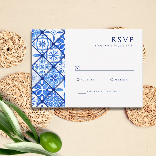 Modern Mediterranean Blue Tile Wedding RSVP Card (Creator Uploaded)