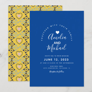 Modern Mediterranean Heart Blue Yellow Wedding Invitation