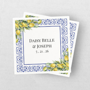 Modern Mediterranean Lemon Blue Mosaic Wedding Napkin