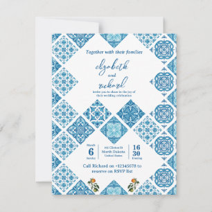 Modern Mediterranean Lemon Blue Tile RSVP Card