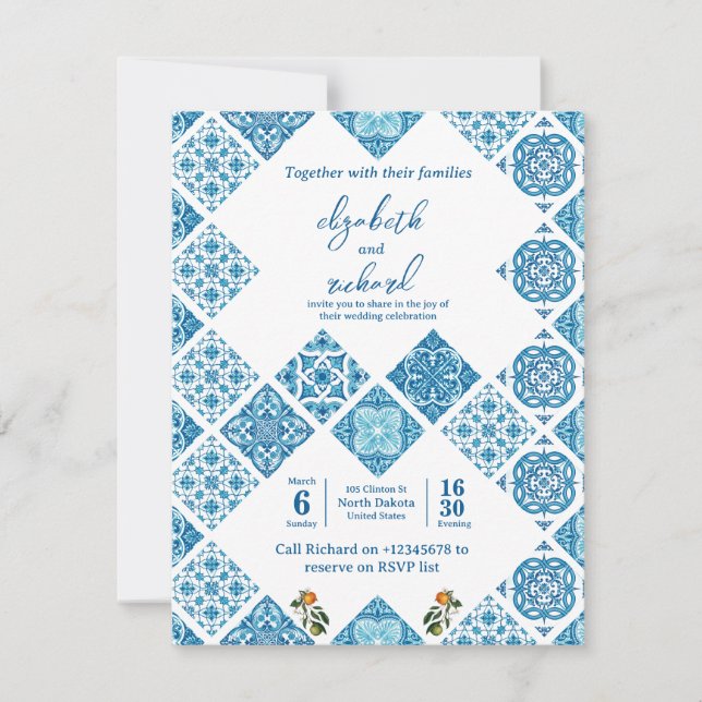 Modern Mediterranean Lemon Blue Tile RSVP Card (Front)