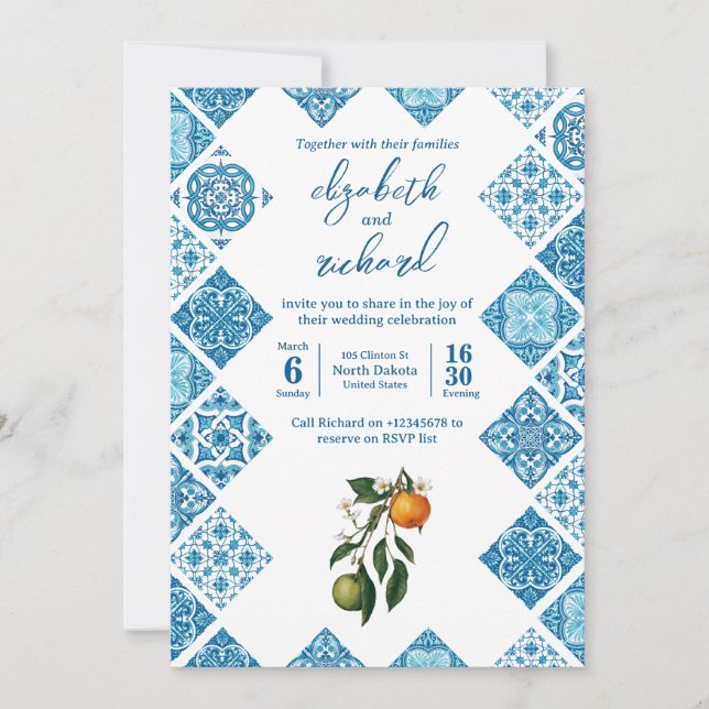 Modern Mediterranean Lemon Blue Tile Wedding Invitation (Front)
