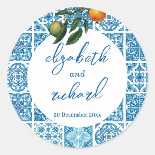 Modern Mediterranean Lemon Blue Tiles Wedding Classic Round Sticker