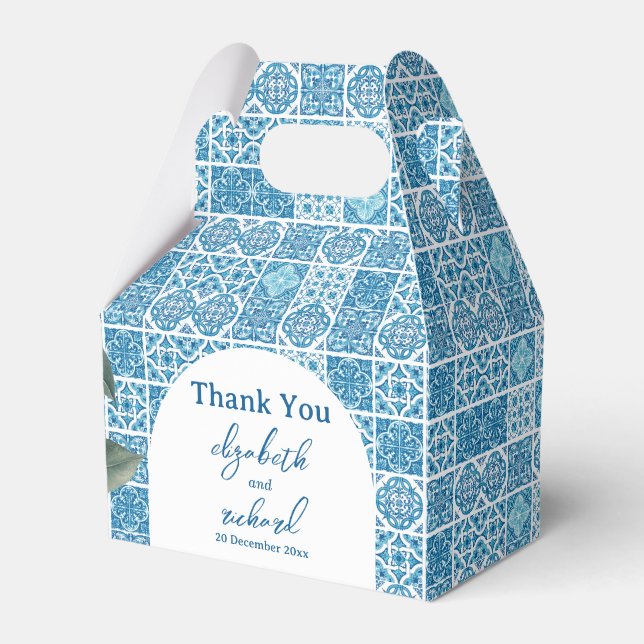 Modern Mediterranean Lemon Blue Tiles Wedding Favor Box (Front Side)