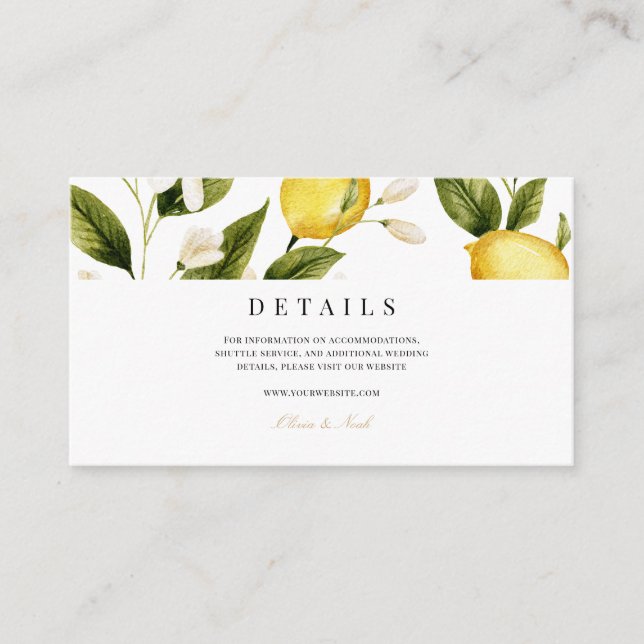 Modern Mediterranean Lemon Wedding Details  Enclosure Card (Front)