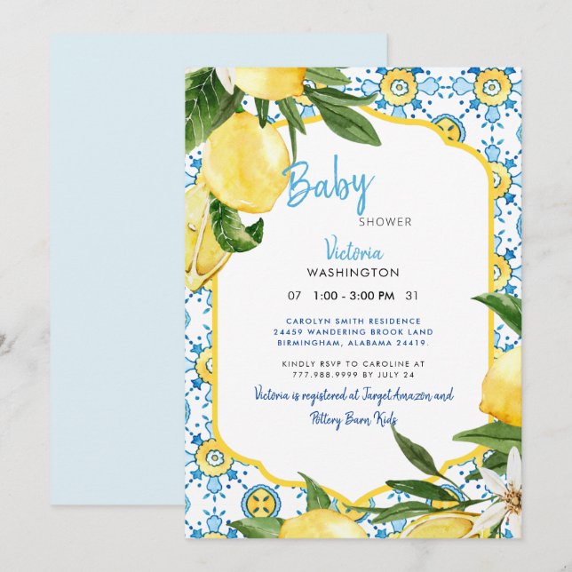 Modern Mediterranean Lemons & Blue Baby Shower  Invitation (Front/Back)
