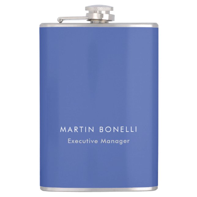 Modern Medium Blue Plain Minimalist Add Name Hip Flask (Front)