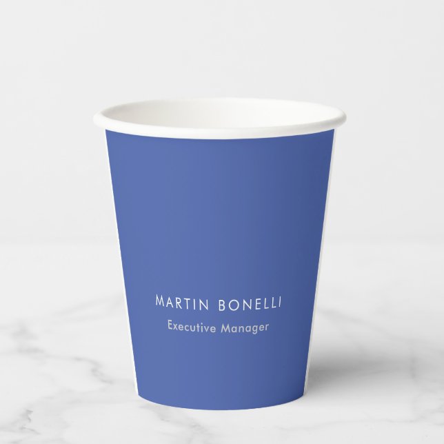 Modern Medium Blue Plain Minimalist Add Name Paper Cups (Front)