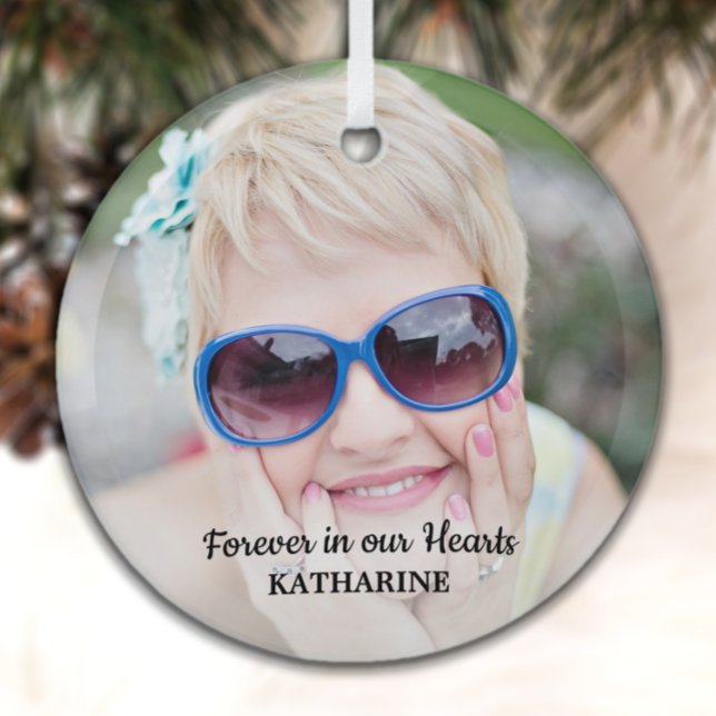 Modern Memorial Simple Remembrance Photo Glass Orn Glass Ornament (Creator Uploaded)