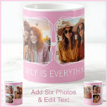 Modern Memory 6 Photo Collage Template Pink C90 Coffee Mug<br><div class="desc">Create a personalized keepsake with a customizable six-photo collage mug, perfect for capturing memories in a unique and stylish way. This mug features space for four smaller photos and two larger ones, each framed by elegant triple white lines that enhance their visual appeal. The design is set against one of...</div>