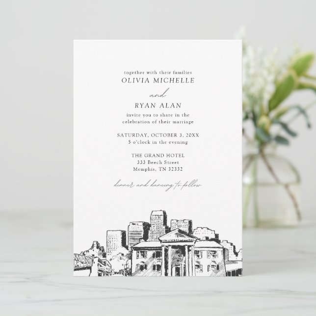 Modern Memphis Skyline Black & White Wedding Invitation (Standing Front)
