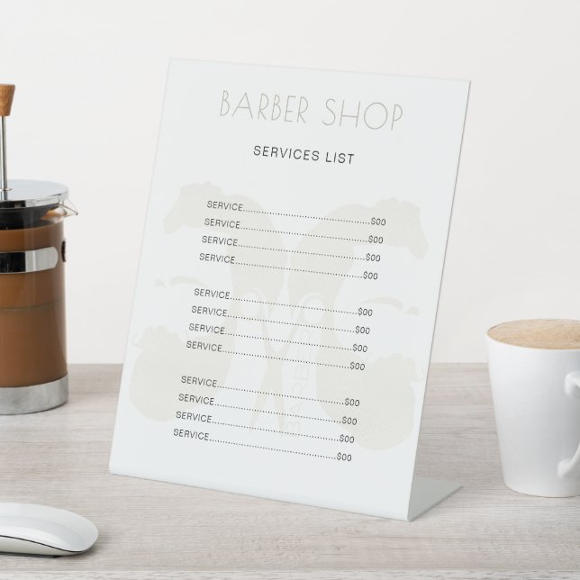 Modern men salon simple elegant white service menu pedestal sign (In SItu)