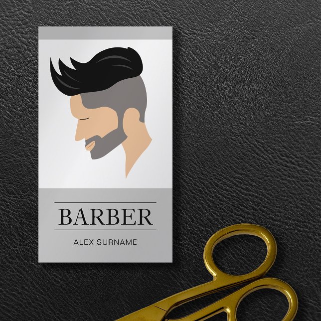 Modern Men's Hair Style Illustration Grey Barber Business Card (Business card design for barbers and hairdressers.)