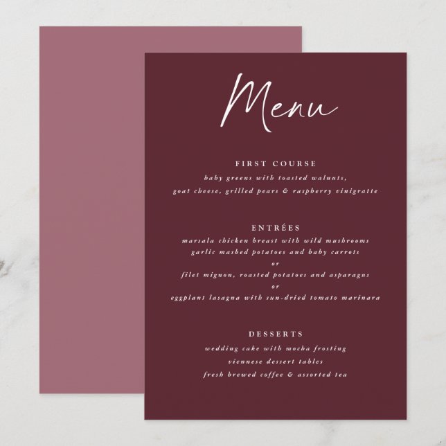 Modern Merlot Burgundy Handwriting Wedding Menu (Front/Back)